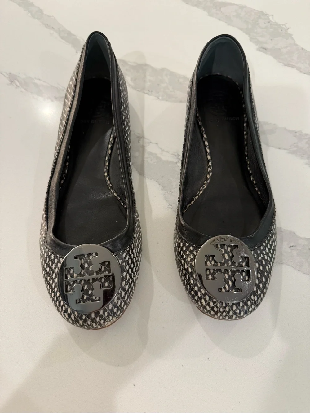 Tory Burch Black and White Patterned Logo Flats